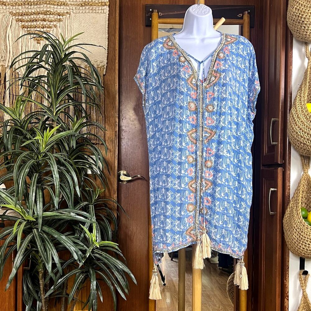 Skemo Boho Tunic Top Womens L Blue White Embroidered Beaded Shell Tassel Beach